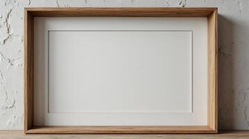 Empty Picture Frame on Wooden Table Against Textured Wall Background photo