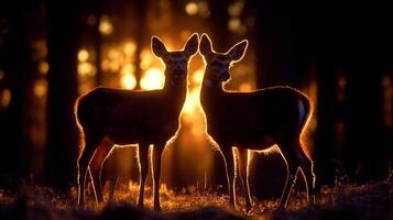 A couple of deer standing next to each other in the woods photo