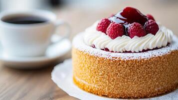 A cake with whipped cream and raspberries on top of it on a plate photo