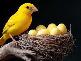 A yellow bird sitting on top of a nest with six eggs photo