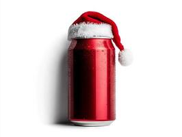 A red can with a santa hat on top of it photo