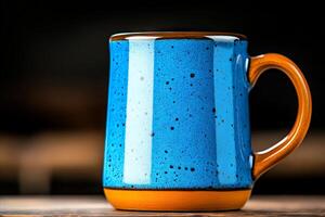 A blue and orange mug sitting on top of a wooden table photo