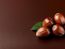A bunch of hazelnuts with a green leaf on a brown background photo