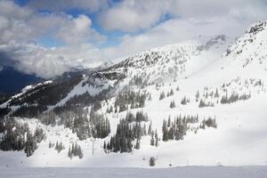 Beautiful snow-capped mountains, a lot of snow. Blue sky with clouds. Ski resort photo