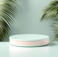 a round cake stand on a table with palm trees photo