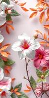Floral arrangement featuring vibrant pink and white flowers with green leaves on a soft background photo