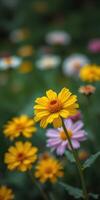 Bright yellow flowers with pink accents bloom in a vibrant garden during springtime, creating a lively atmosphere photo
