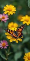 Vibrant butterfly resting on a yellow flower amidst a colorful garden during a sunny afternoon photo