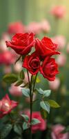 Vibrant red roses blooming in a colorful garden during late spring in a sunny environment photo