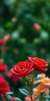 Beautiful red roses blooming in a vibrant garden filled with colorful flowers during spring photo