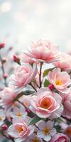 Blossom-filled branches display soft pink flowers in a serene garden setting during springtime photo