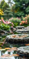 Tranquil garden pond with lily pads and colorful flowers in a serene outdoor setting photo