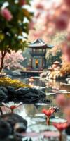 Serene garden with cherry blossoms and traditional pavilion by a tranquil pond at sunset photo