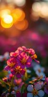 Colorful flowers in bloom during sunset with warm bokeh background creating a serene atmosphere in a garden photo