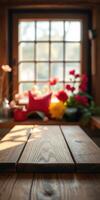 Cozy wooden table with flowers by window in warm natural light during a peaceful afternoon photo