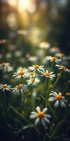 Wildflowers bloom in a sunny meadow during late afternoon as sunlight filters through the trees photo