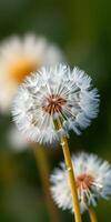 Delicate dandelion seeds gently blowing in the breeze during a sunny spring afternoon photo