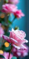 Beautiful pink rose blooming in a vibrant indoor garden setting with soft bokeh lights in the background photo