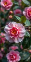 Beautiful pink camellia flower blooming in a lush garden during springtime photo