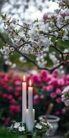 Elegant spring blossoms with lit candles among vibrant pink flowers in a garden setting photo