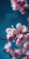 Delicate cherry blossom flowers blooming against a serene blue background in springtime photo
