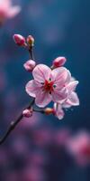 Close-up of delicate cherry blossom flowers blooming against a blurred blue background in early spring photo