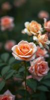 Beautiful peach roses bloom in a lush garden on a sunny day, showcasing nature's vibrant colors and delicate petals photo