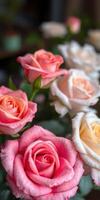 Beautiful arrangement of pink and white roses in soft daylight creates a serene atmosphere photo