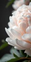 Soft pink peony bloom showcasing delicate petals against a dark background in a serene floral setting photo