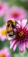 Bumblebee exploring vibrant flowers in a colorful garden during springtime photo
