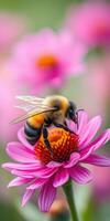 Beautiful bee gathering nectar from a vibrant pink flower in a sunny garden during spring photo