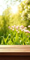 Soft sunlight filters through green foliage over vibrant flowers in a serene garden setting photo