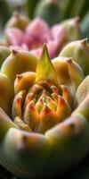 Colorful succulent plants in close-up showcasing intricate details and vibrant hues during a sunny afternoon photo
