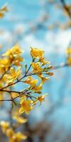 Bright yellow flowers bloom under a clear blue sky during springtime in a tranquil garden photo