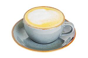 Gray cup with latte and saucer. Coffee drink isolate on white. photo