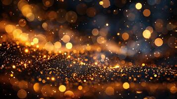 golden particles bokeh abstract background with shining gold Floating Dust Particles Flare star on Black Background in Slow Motion. Futuristic glittering fly movement flickering loop in space photo
