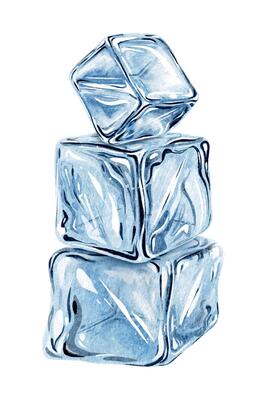 Stack of Transparent Ice cubes. Freezing crystal Frozen water. Isolated hand drawn watercolor illustration. Clipart for menu, packaging of goods, cosmetic