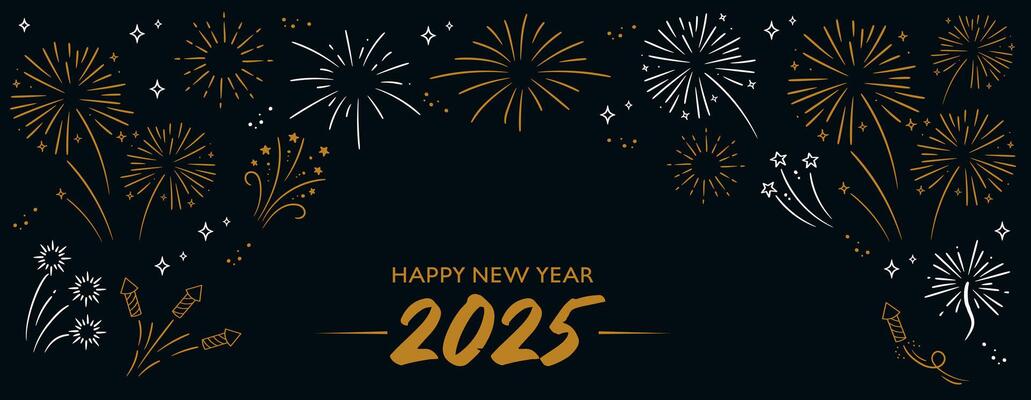 2025 Happy New Year. Golden and white fireworks on dark background. Holiday banner template.