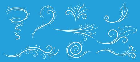 Winter wind doodle illustration set on blue background. Frosty curly pattern with snow vector
