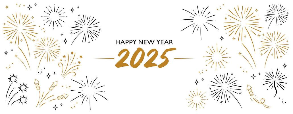 2025 Happy New Year. Golden and black fireworks on white background. Holiday banner template.