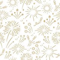 Golden fireworks with stars and sparks on white background. Seamless pattern. vector
