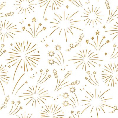 Golden fireworks with stars and sparks on white background. Seamless pattern.