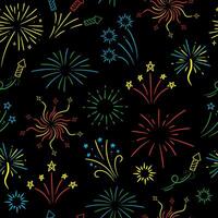 Colorful fireworks with stars on black background. Seamless pattern. vector