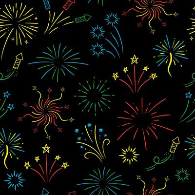 Colorful fireworks with stars on black background. Seamless pattern.