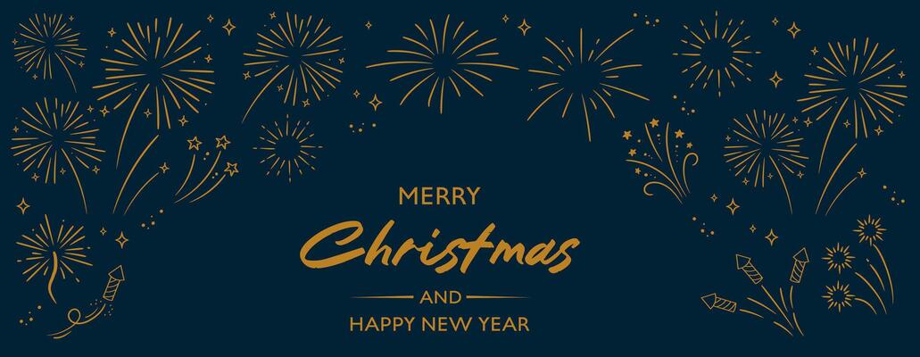 Merry Christmas and Happy New Year. Golden fireworks on a dark blue background. Holiday banner template.