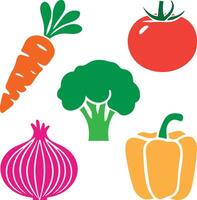 a collection of flat color illustrations featuring popular vegetables a carrot, tomato, broccoli, onion, and bell pepper vector