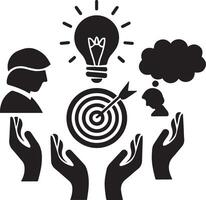 A silhouette image set on a white background, featuring a light bulb, a person's head with a thought bubble, a group of hands in a circle, and a goal target. vector