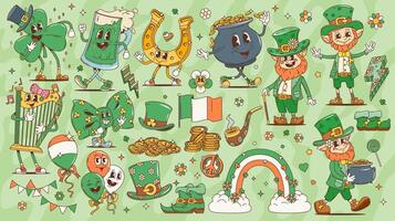 St Patrick day groovy characters, leprechauns, hat vector