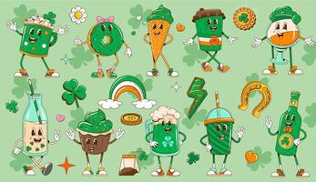 Groovy St Patrick desserts and drinks characters vector