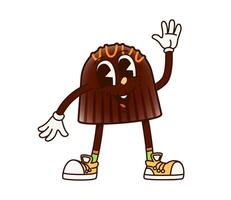 Groovy chocolate candy character waving hand vector